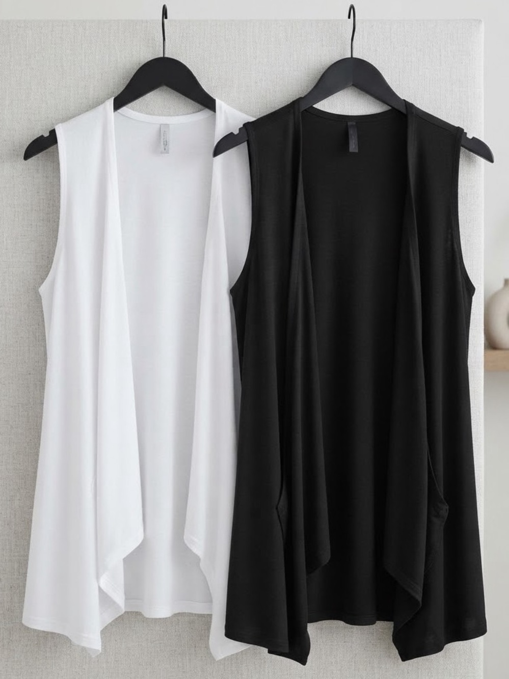 Set of 2 Sleeveless Open-Front Layering Vests- Black and White
